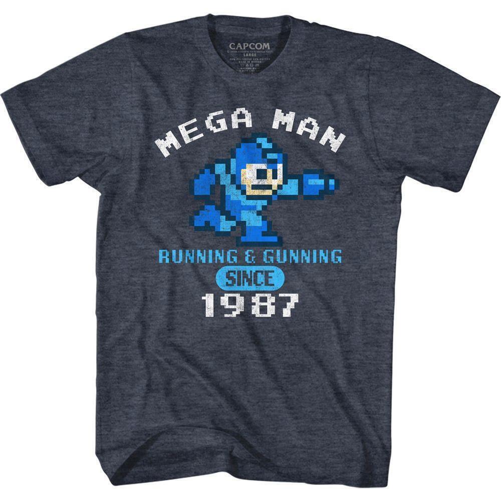Mega Man Run Gun 1987 Navy Heather Adult T Shirt